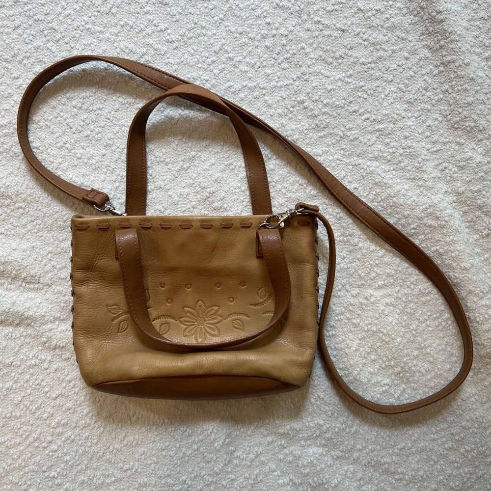 Tan Leather Floral Embossed Crossbody Bag Whipstitch Top Handle Tote